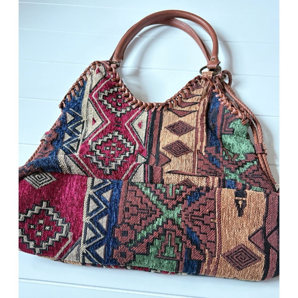 Southwestern Tapestry Hobo Bag Woven Fringe Boho Aztec Slouchy Handbag Purse - Picture 9 of 16